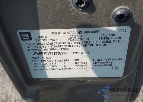 2001 Chevrolet Suburban 1500 Lt из США, поврежденный, VIN 1GNEC16T91J236511